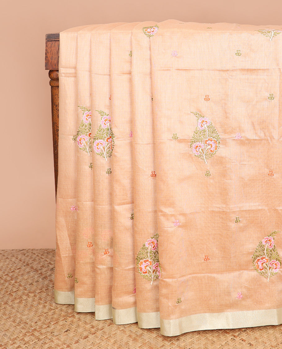 Sandal floral motifs embroidered chirala cotton saree, plain border, and contrast floral printed pallu