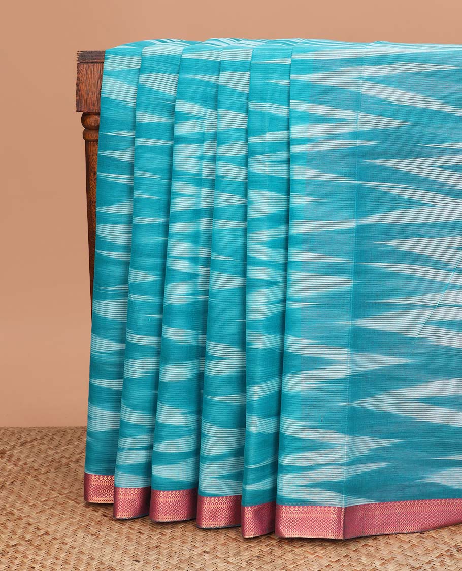 Blue chevron striped Mangalagiri cotton saree, contrast traditional zari border, chevron striped pallu, and a contrast floral printed blouse