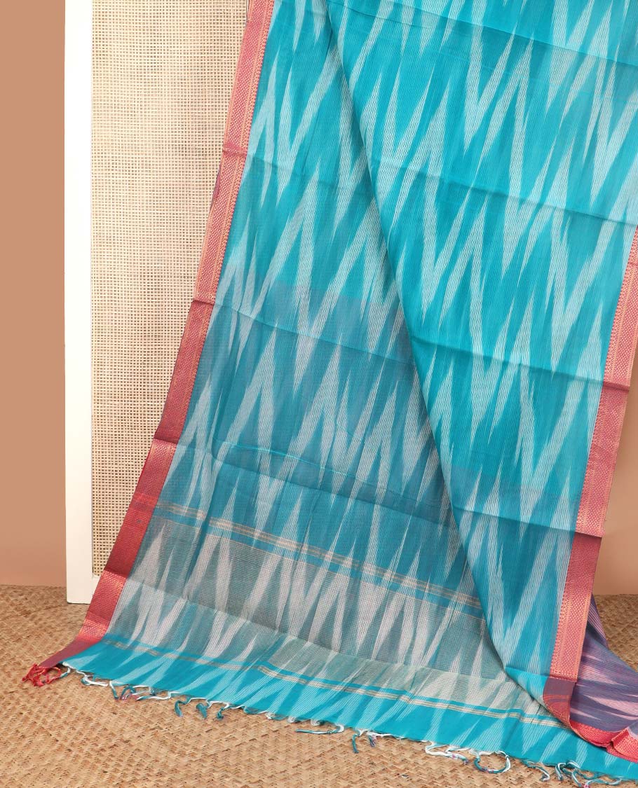 Blue chevron striped Mangalagiri cotton saree, contrast traditional zari border, chevron striped pallu, and a contrast floral printed blouse