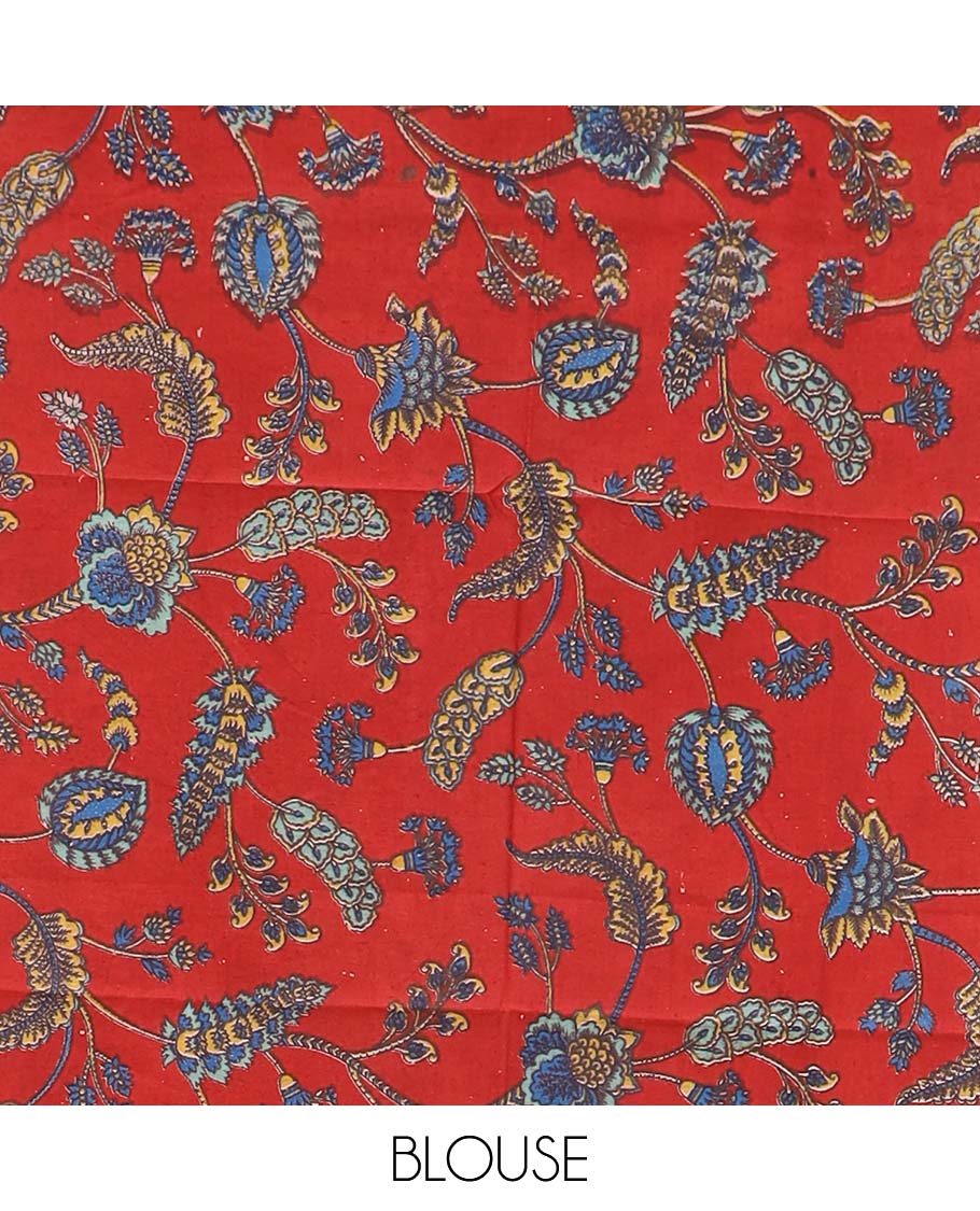 Blue chevron striped Mangalagiri cotton saree, contrast traditional zari border, chevron striped pallu, and a contrast floral printed blouse