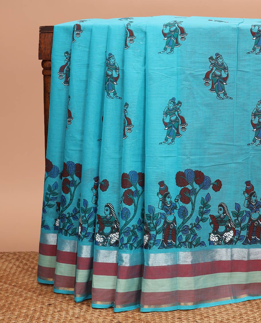 Green human figurines printed chirala cotton saree, contrast striped border, and pallu of stripes