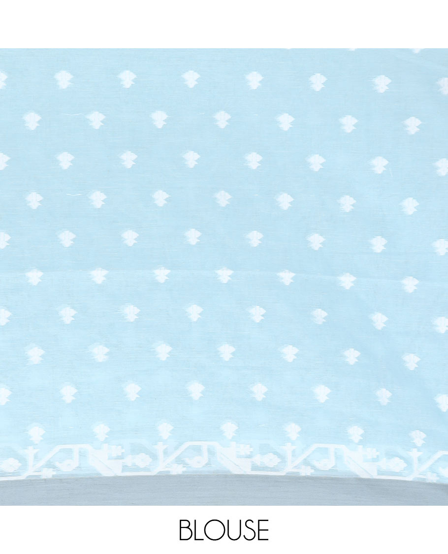 Blue buttas woven Khadi cotton saree, contrast jamdani floral border, and jamdani-style floral creeper woven pallu