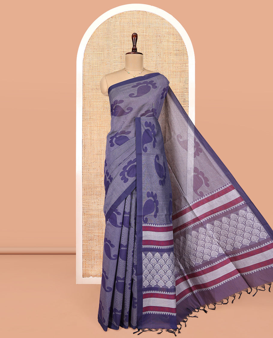 Grey Coimbatore Cotton Saree, Featuring Paisley Buttas on Its Body, a Contrast Border, Pallu of Ogee Design, and Paired with a Contrast Blouse