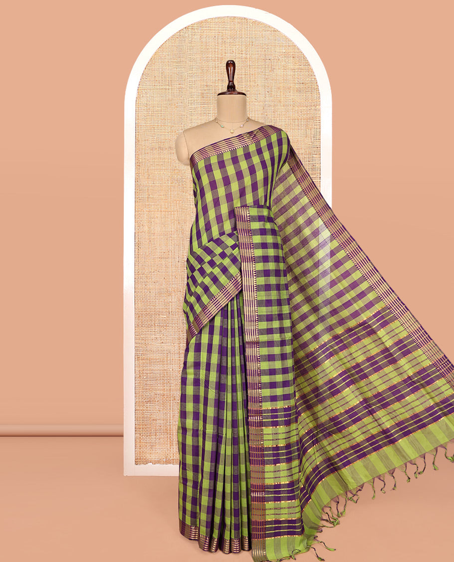 Multi-Color Checked Mangalgiri Cotton Saree, Highlighted by Zari Temple Border, Zari-Striped Pallu, and Paired with a Matching Blouse