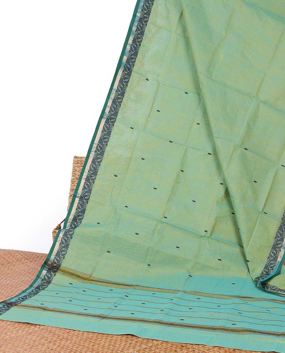 Green buttas Chettinad cotton saree, contrast leaf creeper design border