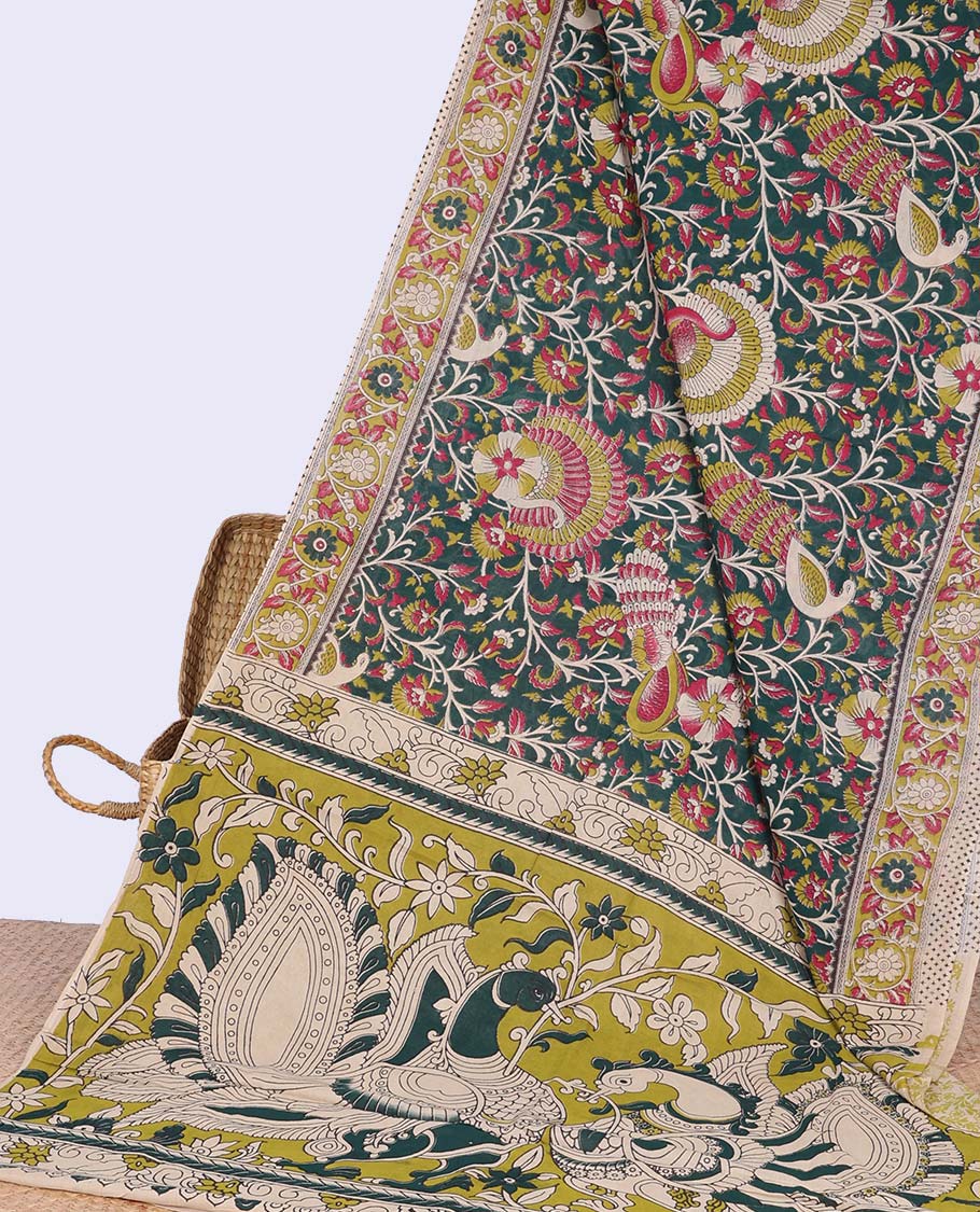 Green floral design machine-printed kalamkari cotton saree with contrast floral border & peacock design pallu