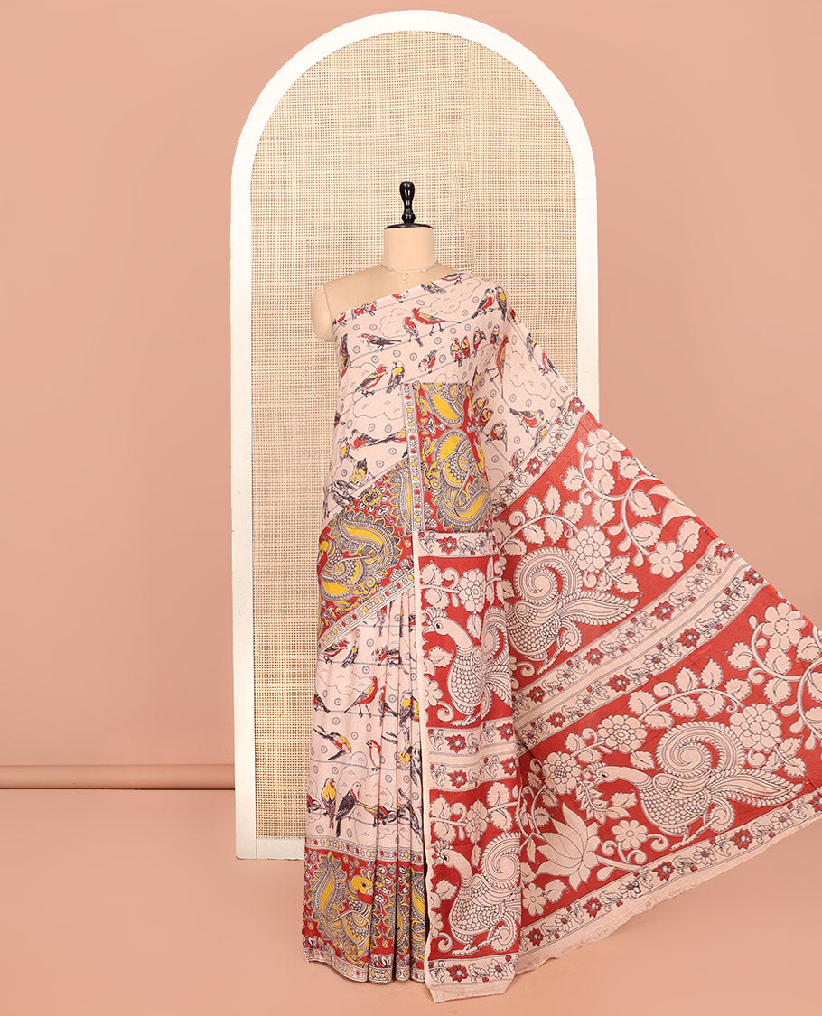 Sandal Kalamkari Cotton Saree, Crafted with Bird Motifs Print, Contrast Peacock Border, Pallu of Peacock Print, and a Matching Blouse