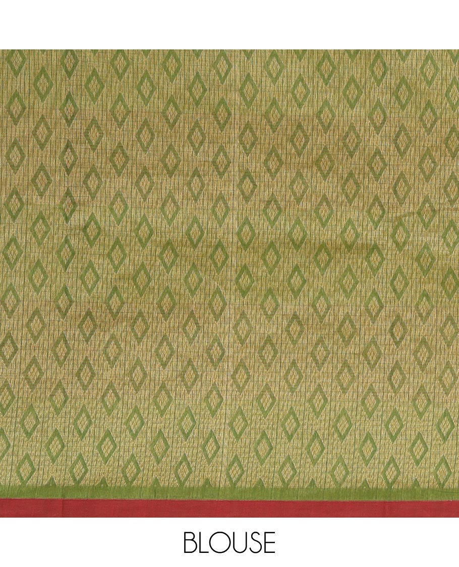 Green checked and buttas Kanchi cotton saree, contrast plain border, and pallu of peacock designs