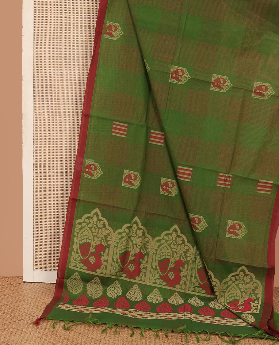 Green checked and buttas Kanchi cotton saree, contrast plain border, and pallu of peacock designs