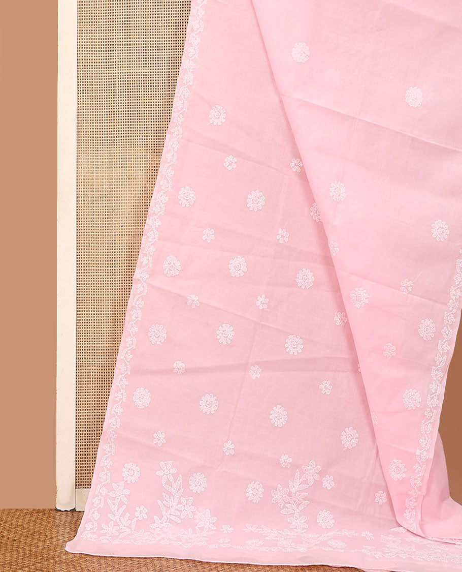 Baby pink floral thread embroidered buttas Lucknowi chikankari saree, floral creeper thread embroidered border, and floral embroidered pallu