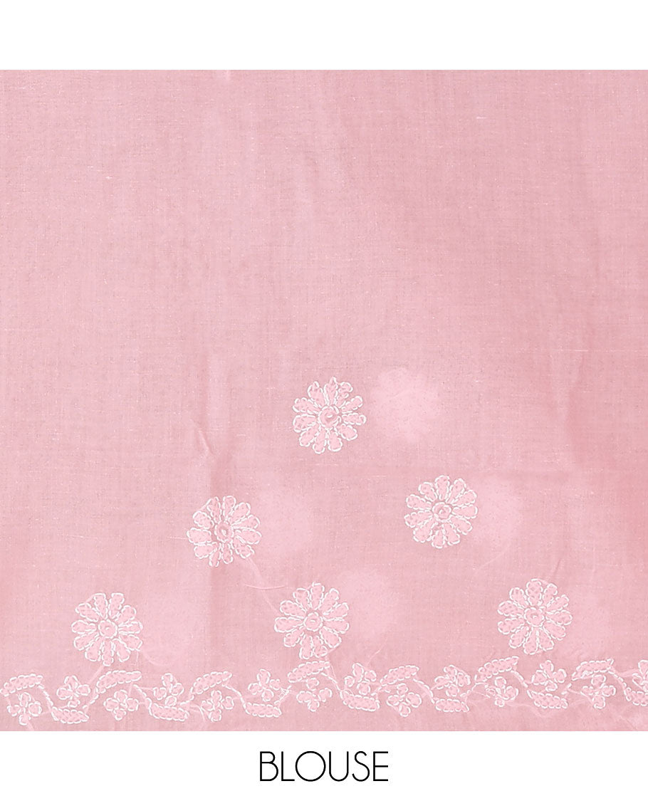 Baby pink floral thread embroidered buttas Lucknowi chikankari saree, floral creeper thread embroidered border, and floral embroidered pallu