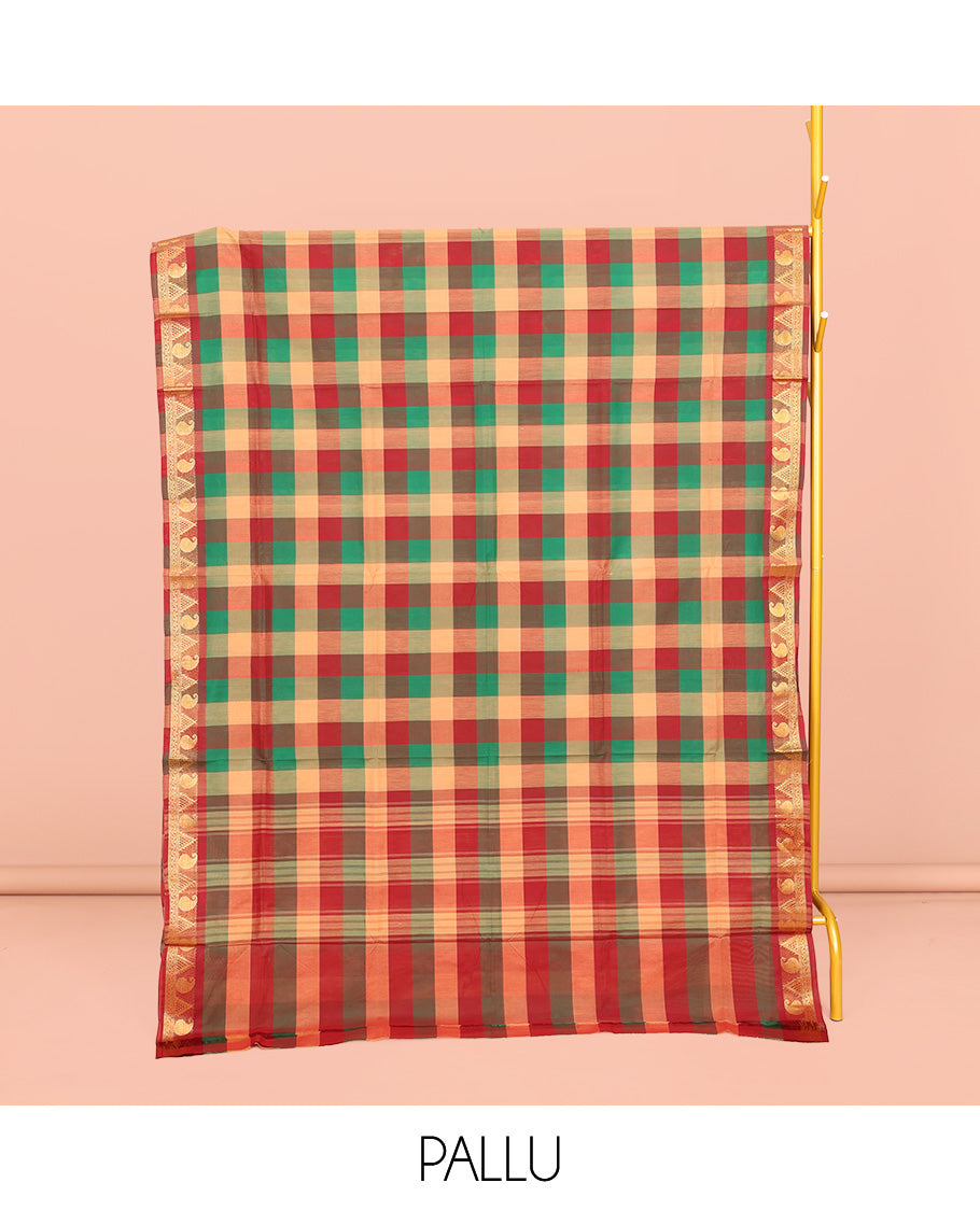 Multi-Color Chettinad Cotton Saree, Decked Up with Checks, Highlighted by Traditional Paisley-Temple Border, Striped Pallu, and No Blouse
