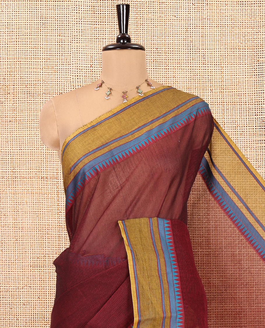 Maroon Andhra Cotton Saree, Subtly Sparkled with Stripes, a Contrast Temple Thread Border, Contrast Striped Pallu, and a Contrast Blouse
