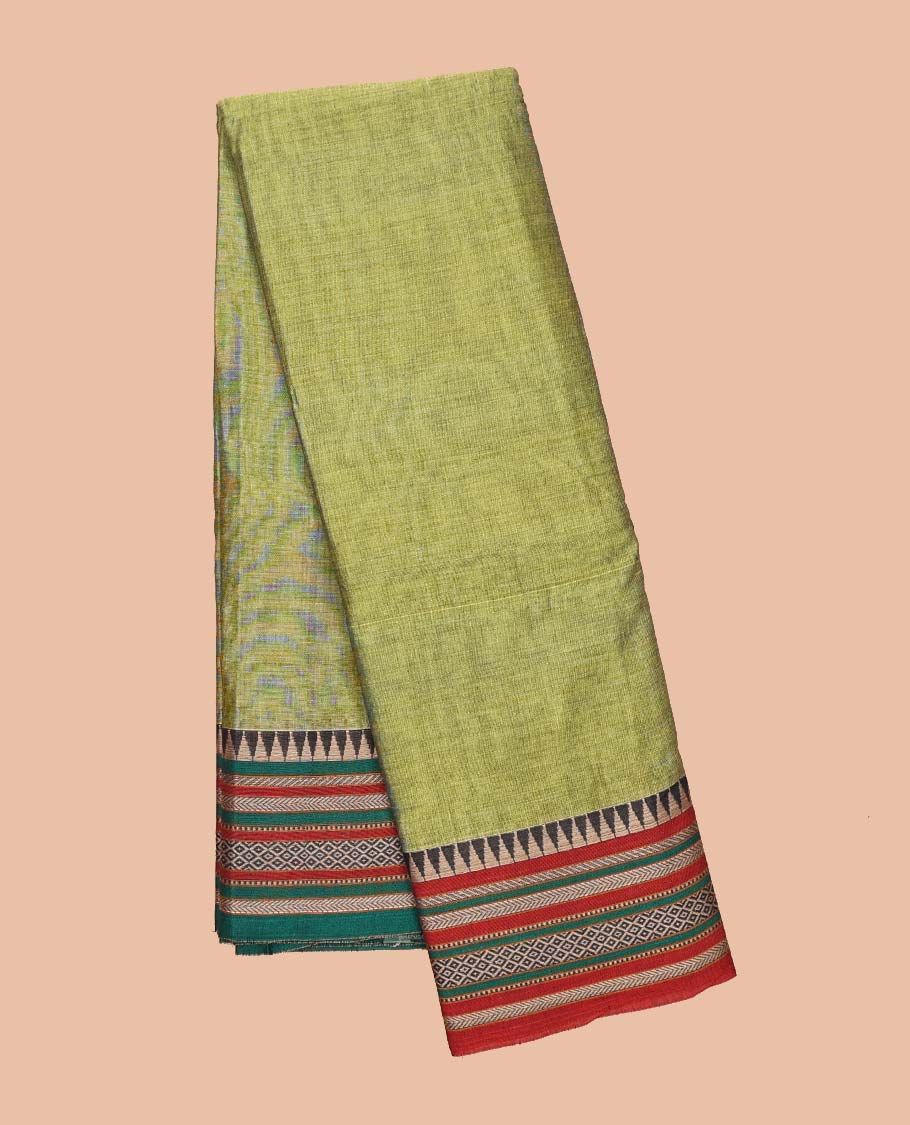 Green plain Narayanapet cotton saree, contrast traditional design ganga jamuna border & striped pallu