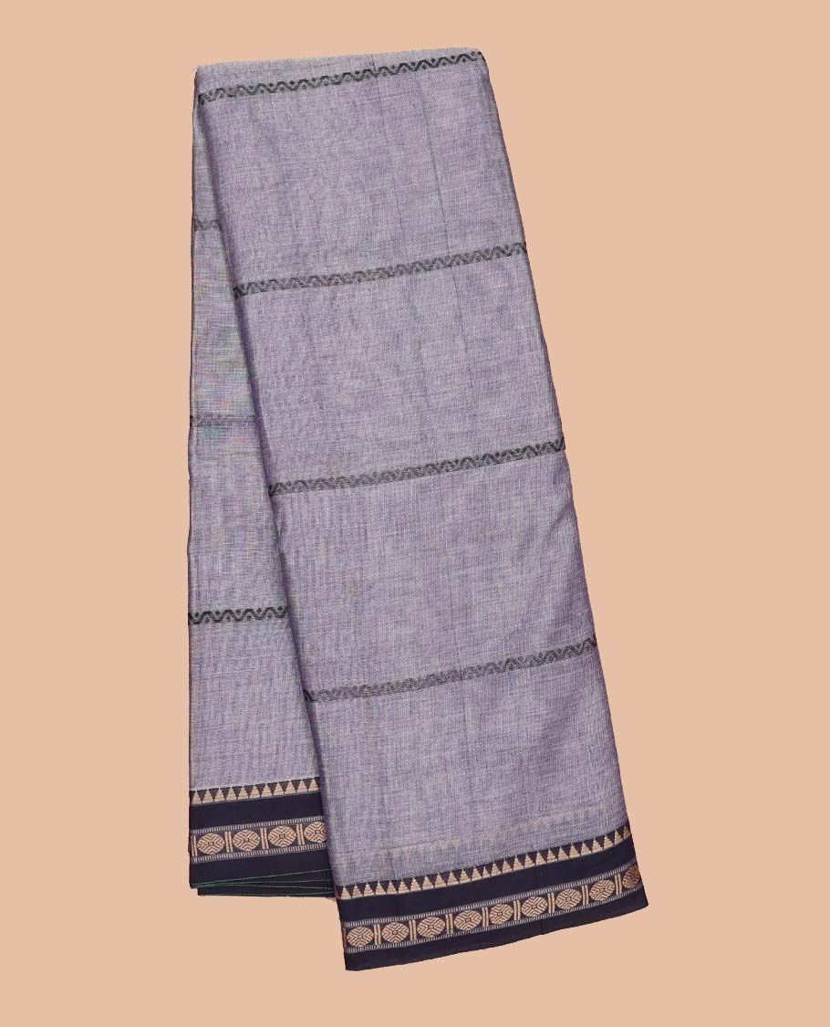Grey striped Narayanapet cotton saree, contrast traditional motif border & striped pallu