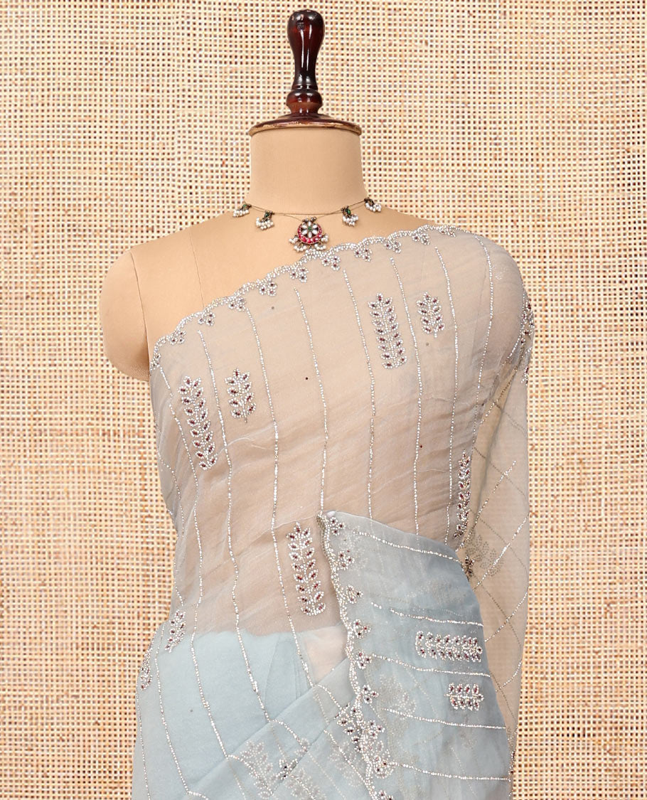 Sky Blue Swarovski and Meena Stonework Organza Designer Saree with Scallop Border, Matching Blouse