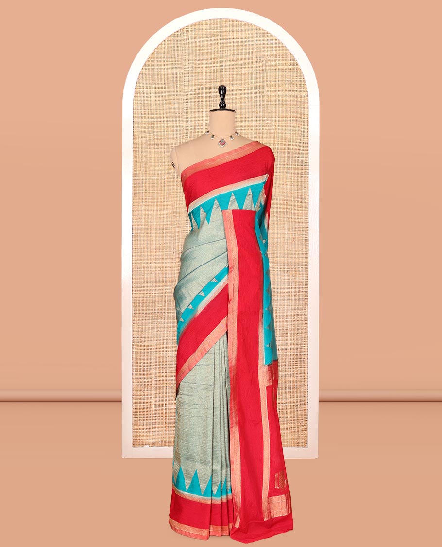 Rama Blue Wrinkle Crepe Saree, Contrast Temple Border, Peacock Pallu, and a Contrast Blouse