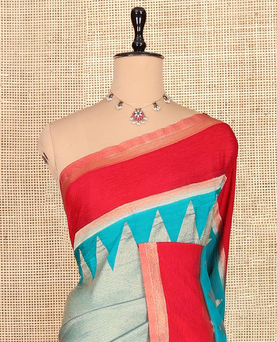 Rama Blue Wrinkle Crepe Saree, Contrast Temple Border, Peacock Pallu, and a Contrast Blouse