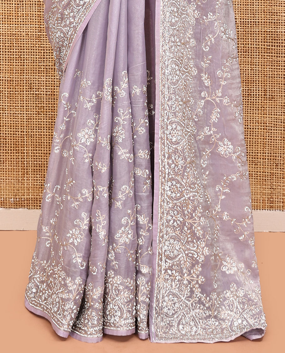 Light Lavender Designer Saree, Scintillated with Floral Vine Stone Embroidery, a Stone Embroidered Border, and a Matching Blouse