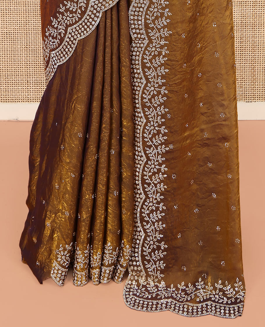 Green Designer Saree, Spotlighted with Stones All Over Its Body, a Floral Embroidered Border, and Matching Blouse
