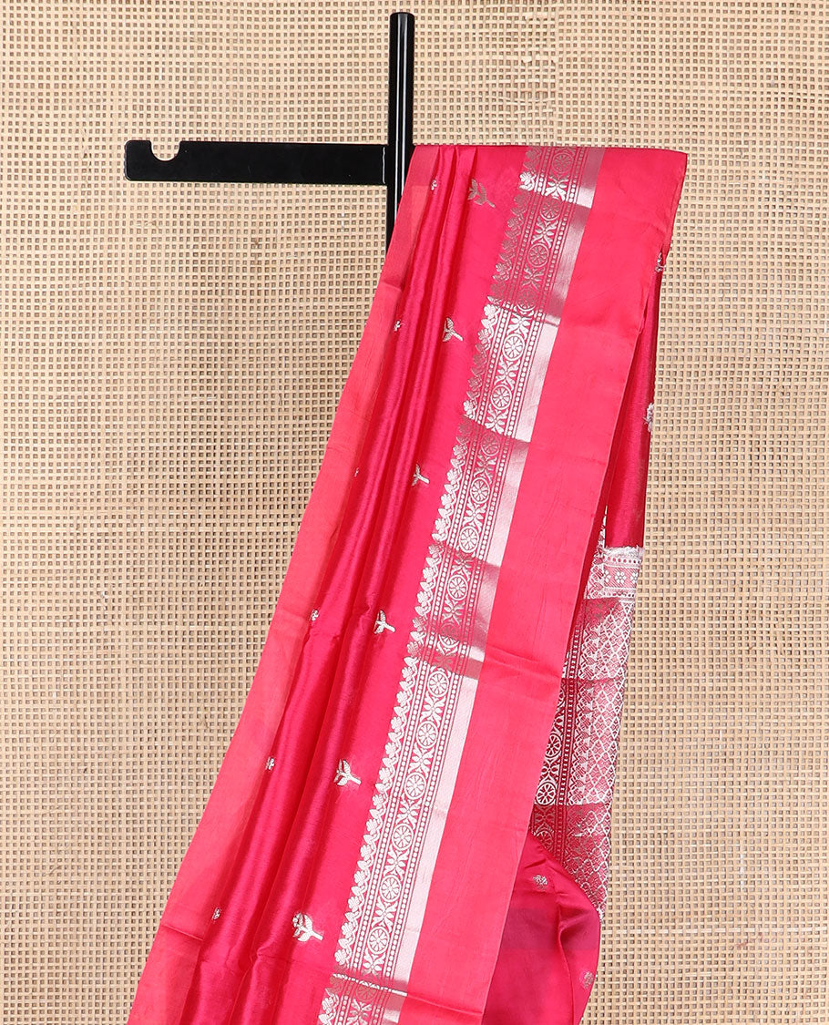 Red motifs raw mango silk saree with self zari design border & argyle design pallu