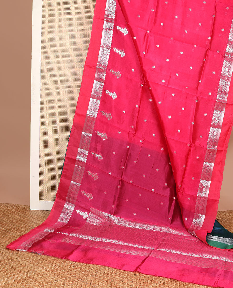 Red motifs raw mango silk saree with self zari design border & argyle design pallu