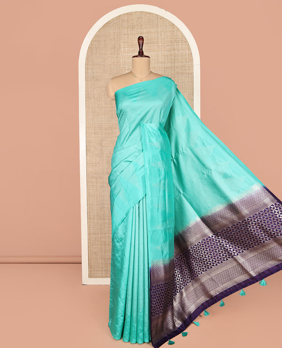 Turquoise Dupion Silk Saree, Mesmerized with Micro-Checks, Highlighted by Temple Border, Complemented by a Contrast Geometric-Patterned Pallu, and a Contrast Blouse