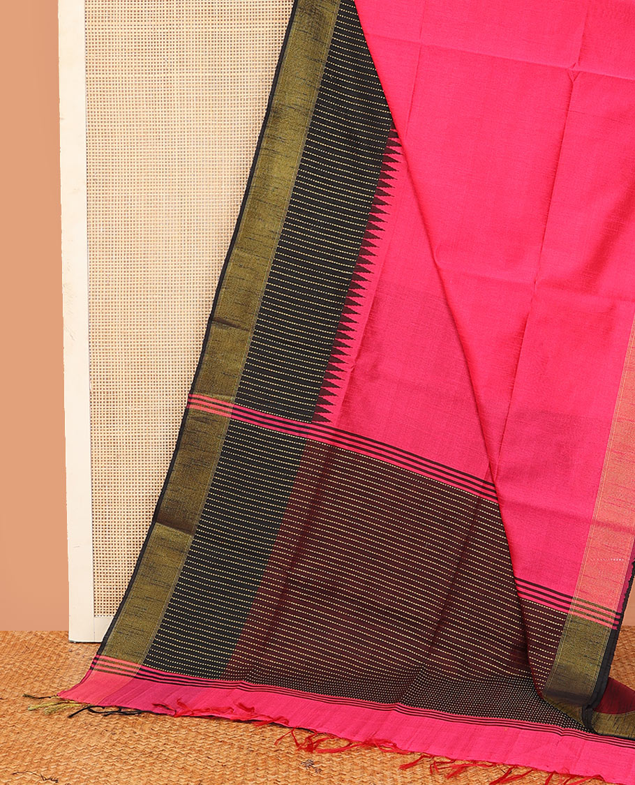 Pink plain dupion saree, contrast zari striped temple border, and zari striped pallu