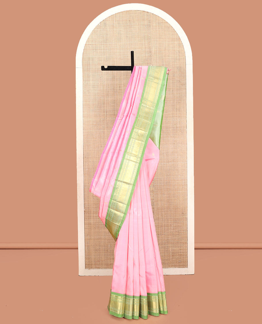 Pink Kanchipuram Silk Saree Featuring Zari Buttas, Contrast Border of Rekku, Banaras, Poun and Vanki, Pallu of Zari Design, and No Blouse