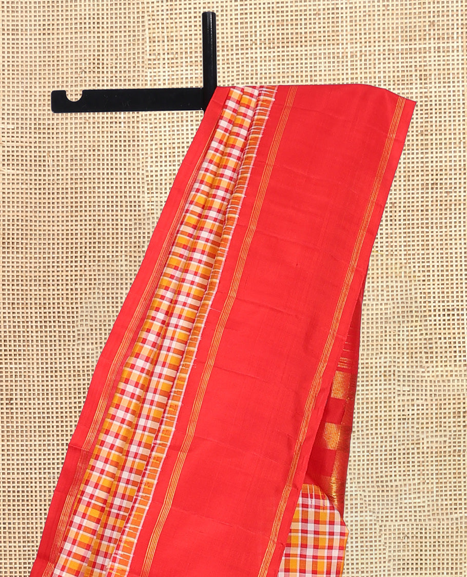 Multi-Color Checked Kanchipuram Silk Saree, Complemented by a Contrast Thazampoo Rekku Bodi Border, Zari Checked Pallu, and Contrast Blouse