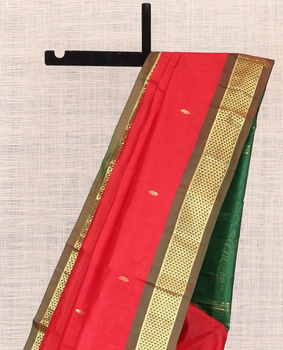Red Kanchipuram Silk Saree, Woven with Zari Buttas, a Contrast Ara Maadam Border, Zari Design Pallu, and a Contrast Blouse