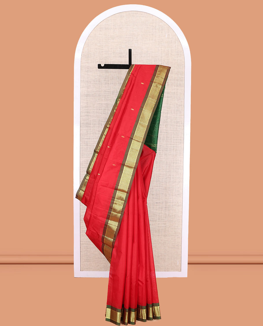 Red Kanchipuram Silk Saree, Woven with Zari Buttas, a Contrast Ara Maadam Border, Zari Design Pallu, and a Contrast Blouse