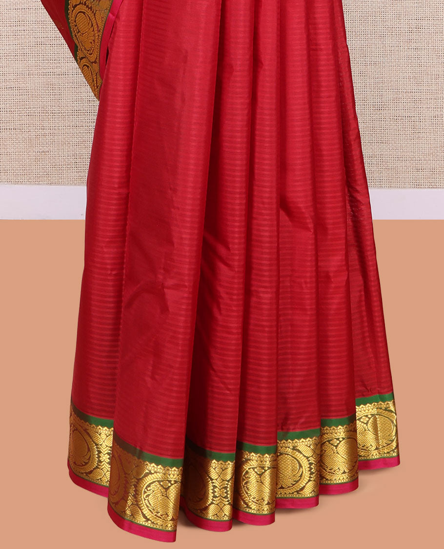 Red Kanchipuram Silk Saree, Elevated with Vazhaipoo Stipes and Zari Buttas, a Contrast Traditional Mayil Motif Border, Pallu of Zari Design, and Contrast Blouse