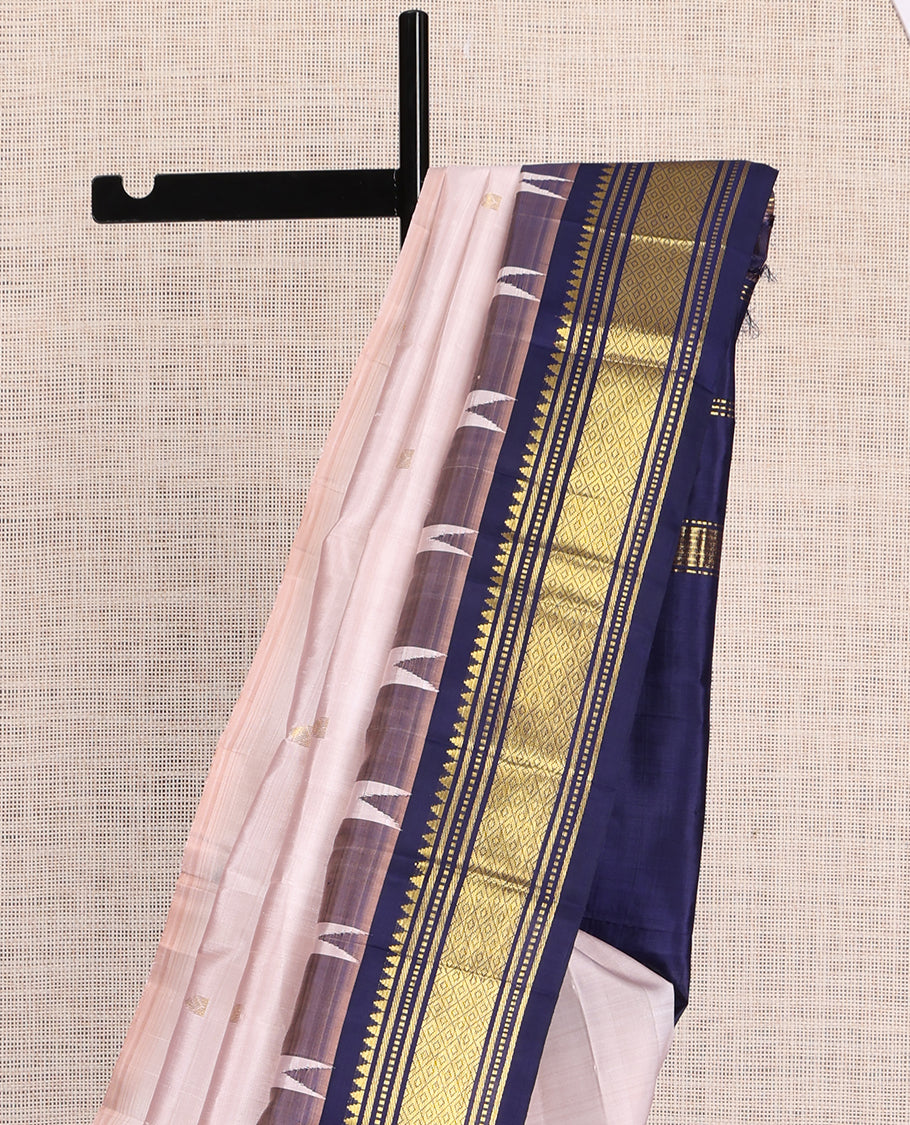 Beige Kanchipuram Silk Saree, Elevated with Zari Buttas, a Contrast One-Sided Border of Thazhampoo, Rekku, Banaras and Mayil Kann Design, Zari Design Pallu, and No Blouse