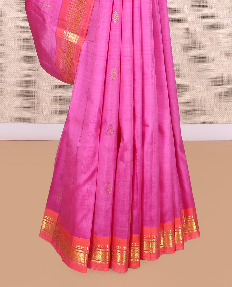 Pink Kanchipuram Silk Saree, Woven with Zari Buttas, a Contrast One-Sided Border of Panner Sombu, Banaras, and Jaal Designs, Zari Design Pallu, and No Blouse