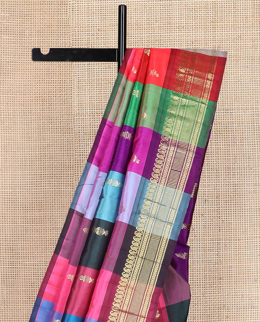 Multi-color checked & zari buttas kanchipuram silk saree, one-sided border of manga mokku & geometric design border & contrast zari design pallu