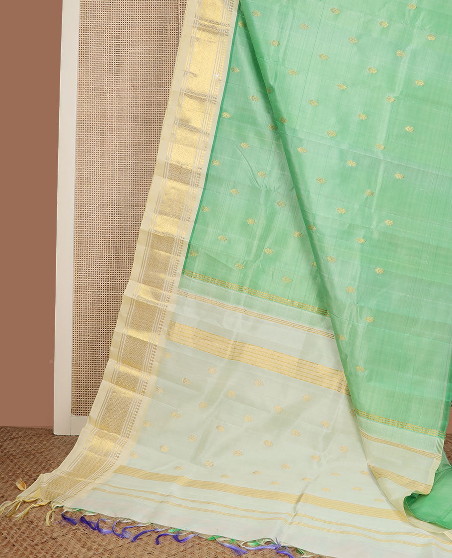 Turquoise buttas Kanchipuram silk saree, contrast border of panner sombu, banaras & mayil kann design & zari design pallu