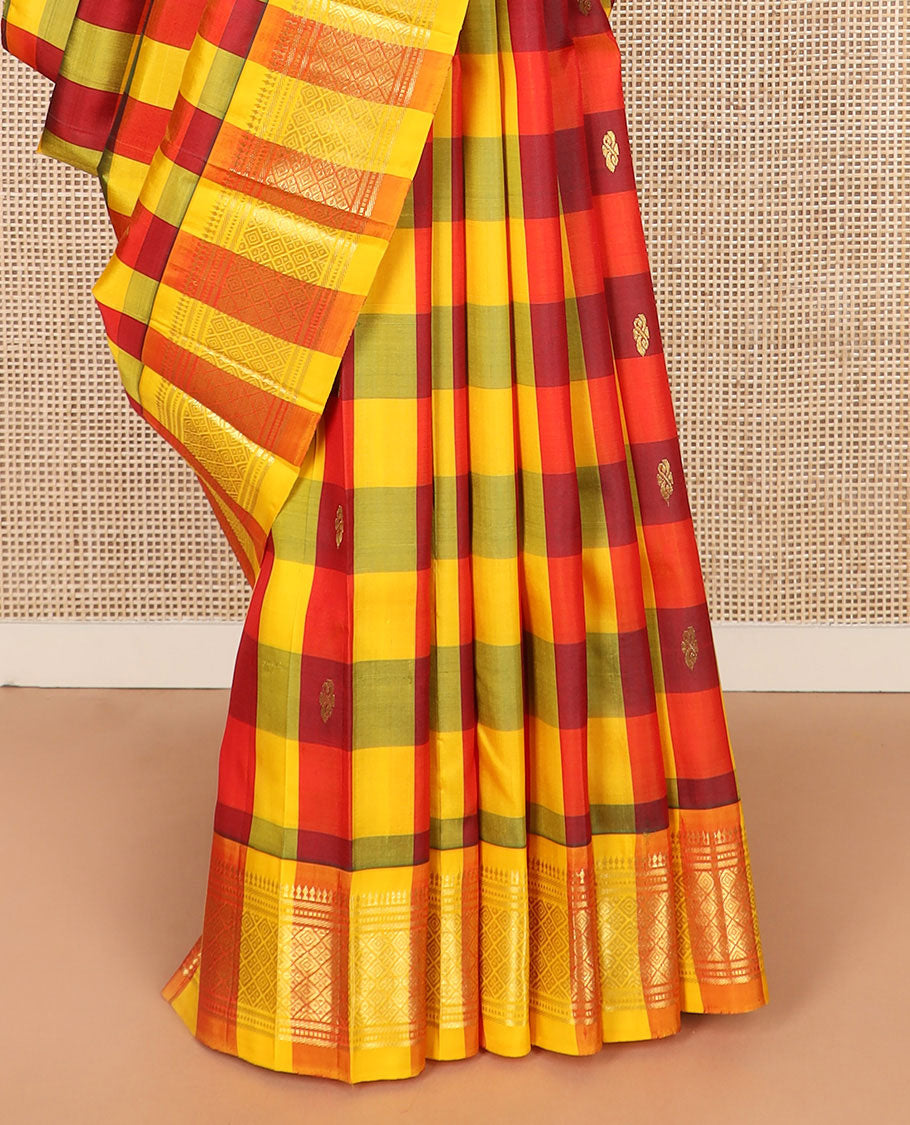Multi-color zari buttas Kanchipuram silk saree, contrast border of paneer sombu, banaras, muthu, and jaal designs, and zari design pallu