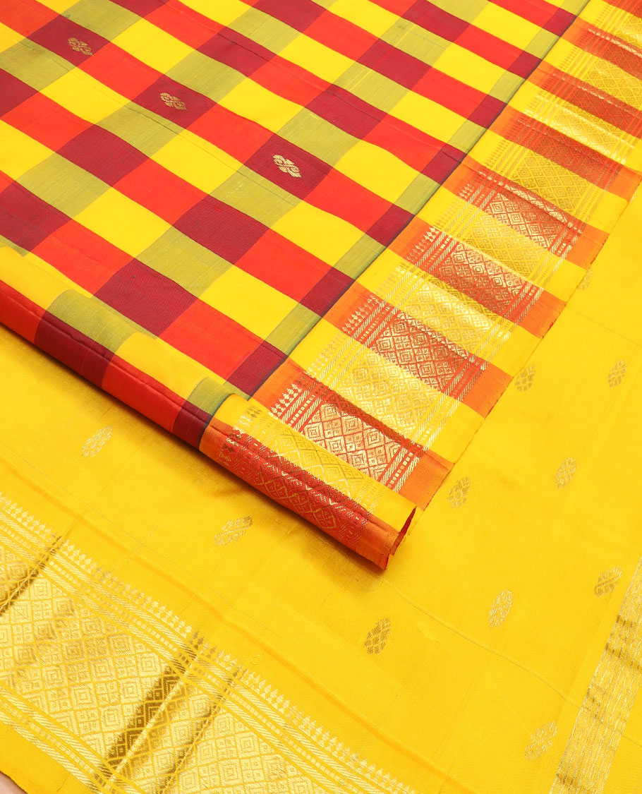 Multi-color zari buttas Kanchipuram silk saree, contrast border of paneer sombu, banaras, muthu, and jaal designs, and zari design pallu