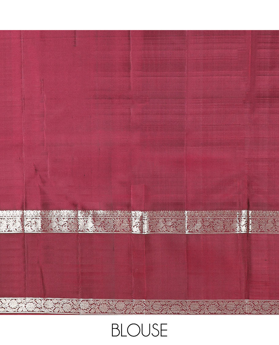 Grey manga buttas Kanchipuram silk saree, contrast rettai pettu border of mayil, and kodi visiry designs, and pallu of jaal designs