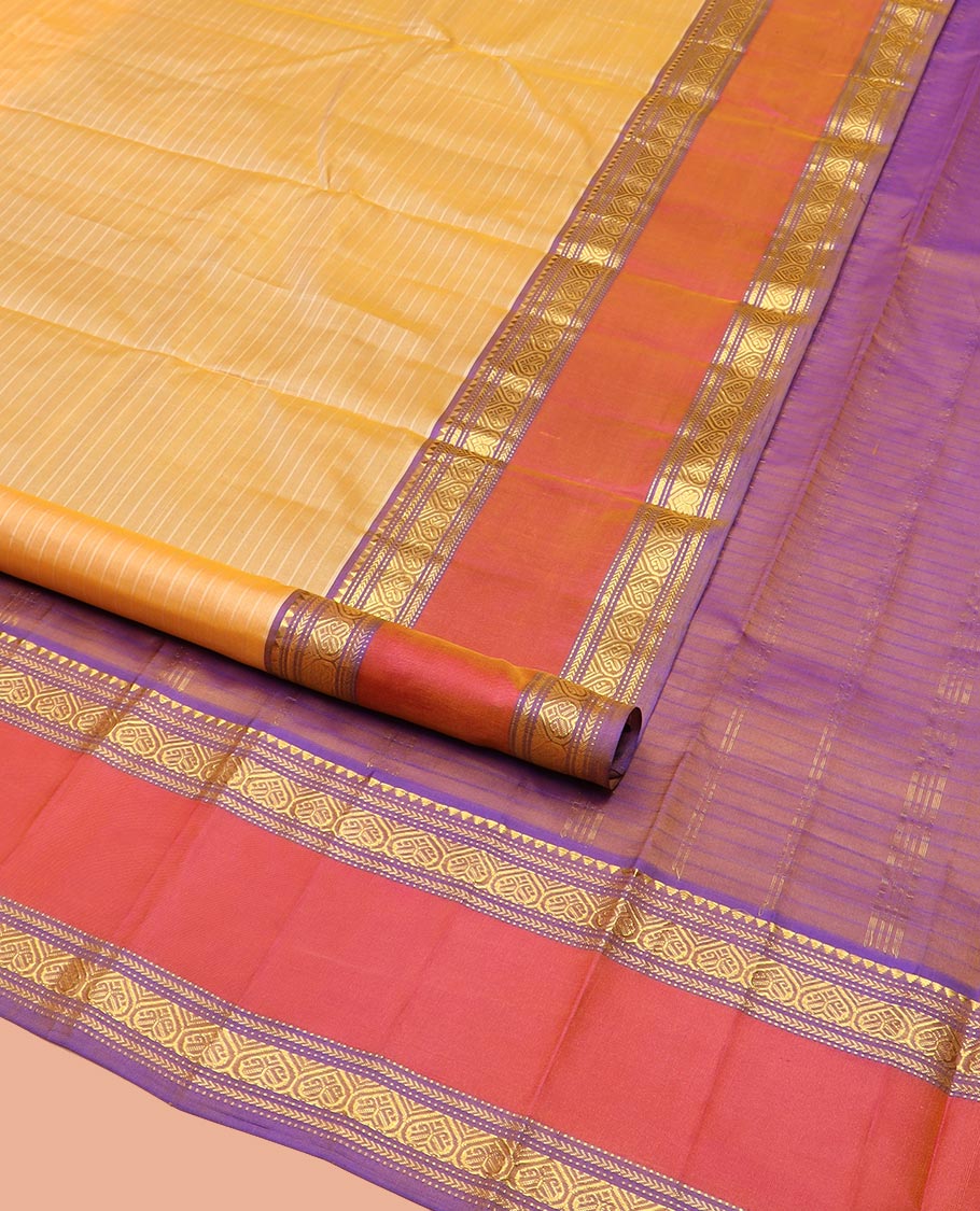 Light Orange Kanchipuram Silk Saree Embellished with Vazhaipoo Stripes, Complemented by Contrast Rettai Pettu Border of Rekku, Kathir, Muthu, and Jada Nagam Designs, Zari Woven Pallu, and Paired with a Contrast Blouse