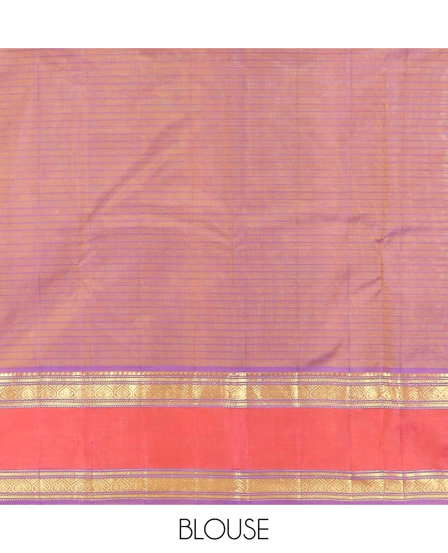 Light Orange Kanchipuram Silk Saree Embellished with Vazhaipoo Stripes, Complemented by Contrast Rettai Pettu Border of Rekku, Kathir, Muthu, and Jada Nagam Designs, Zari Woven Pallu, and Paired with a Contrast Blouse