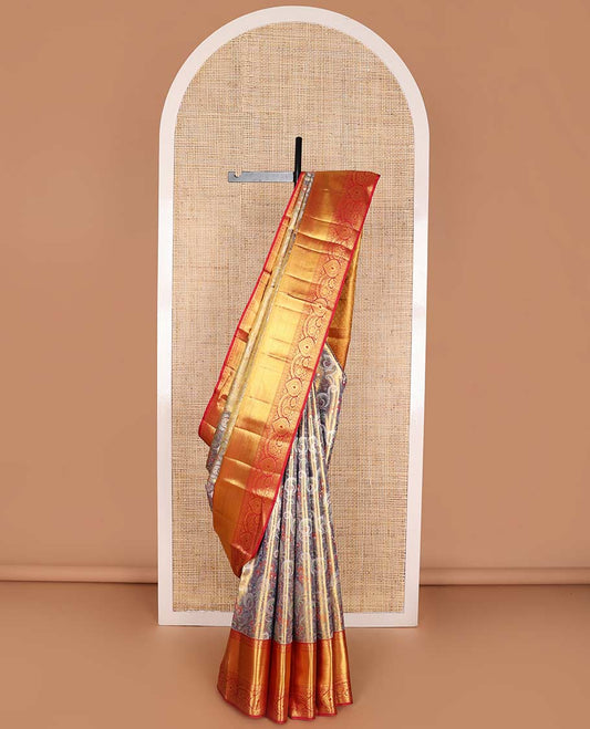 Purple floral design kancheepuram silk saree with contrast border of intricate zari design & floral design pallu