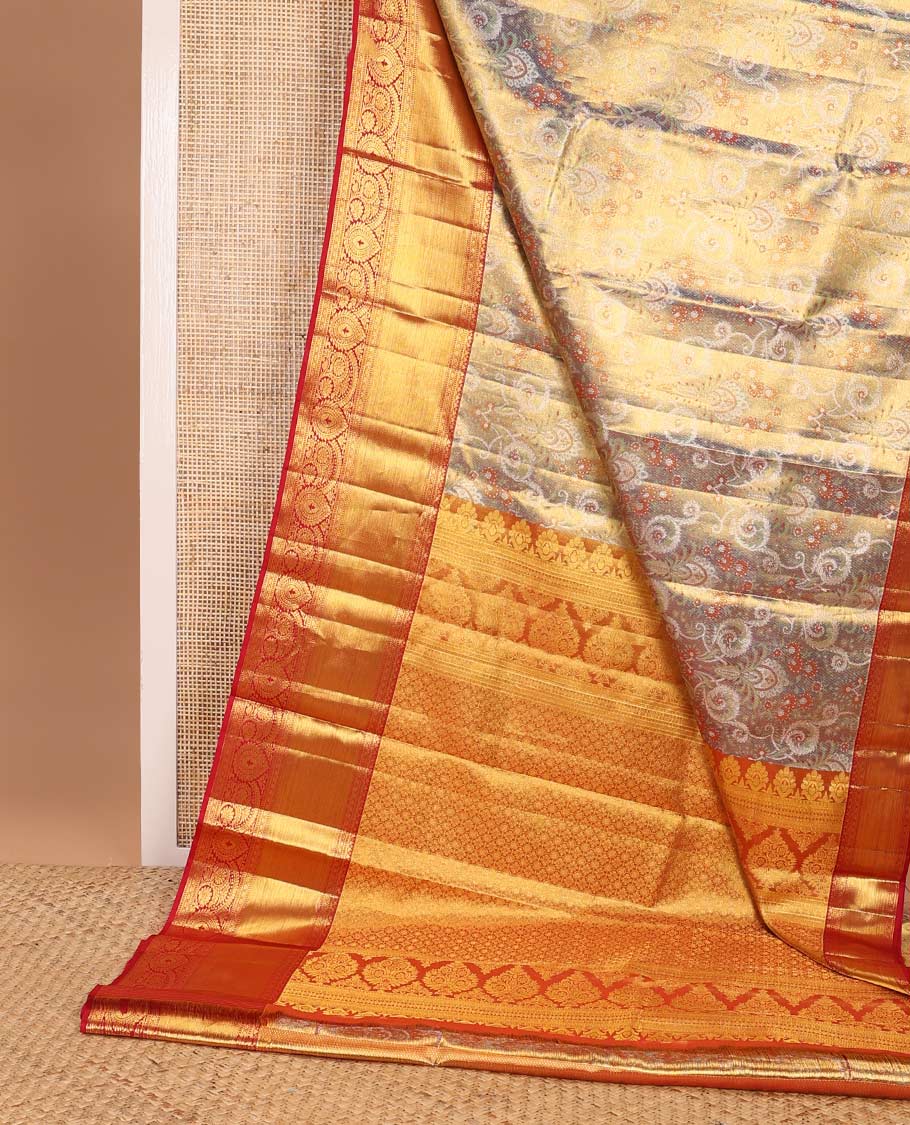 Purple floral design kancheepuram silk saree with contrast border of intricate zari design & floral design pallu