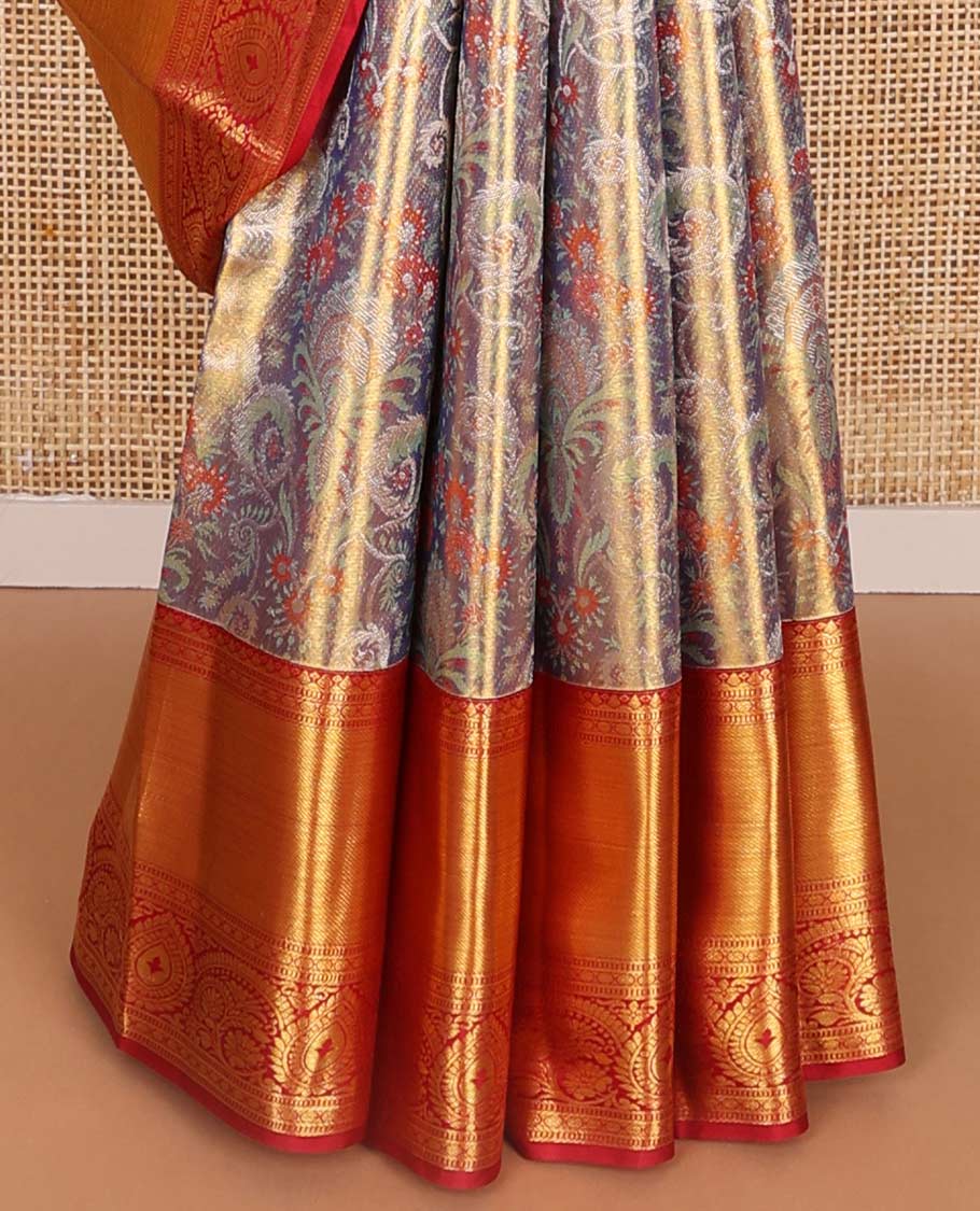 Purple floral design kancheepuram silk saree with contrast border of intricate zari design & floral design pallu