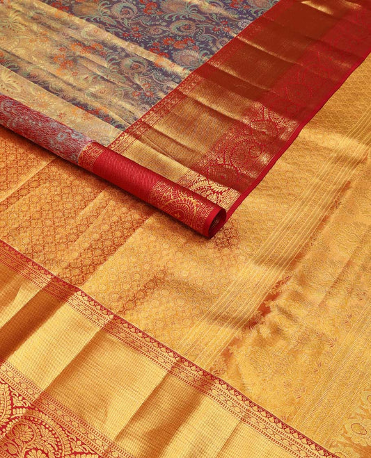 Purple floral design kancheepuram silk saree with contrast border of intricate zari design & floral design pallu