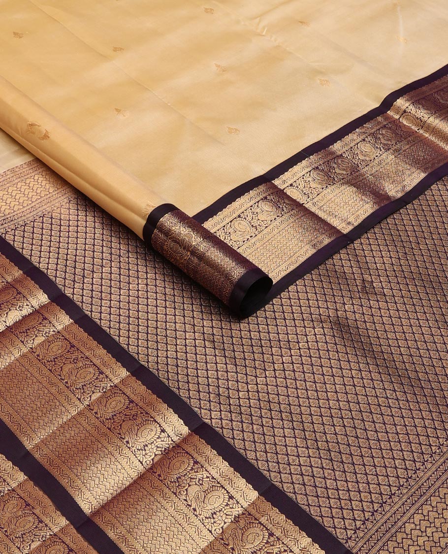 Sandal zari buttas silk saree, contrast traditional zari border & jaal pallu