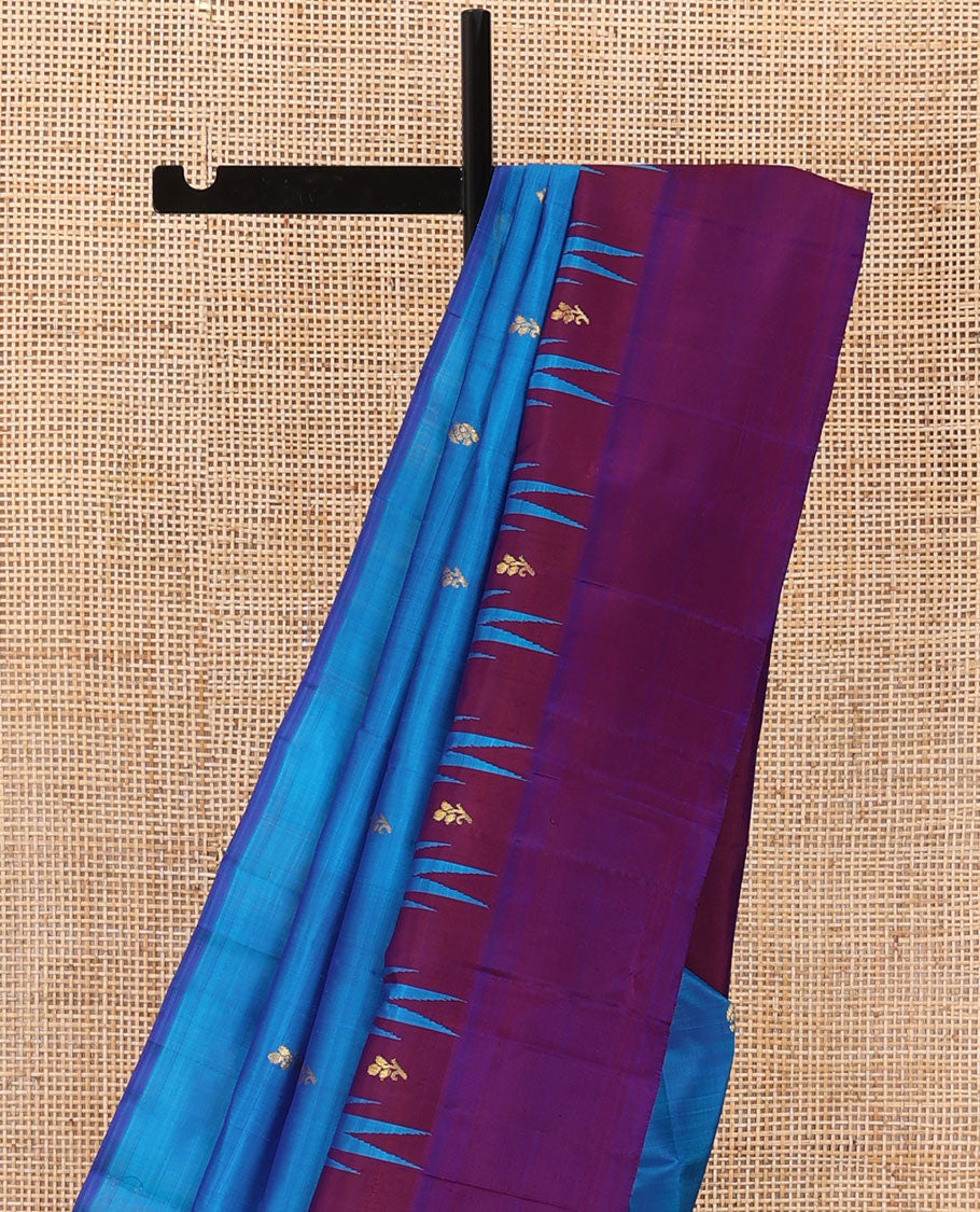 Blue zari buttas Kanchipuram silk saree, contrast one-sided thazampoo rekku zari design border & zari design pallu