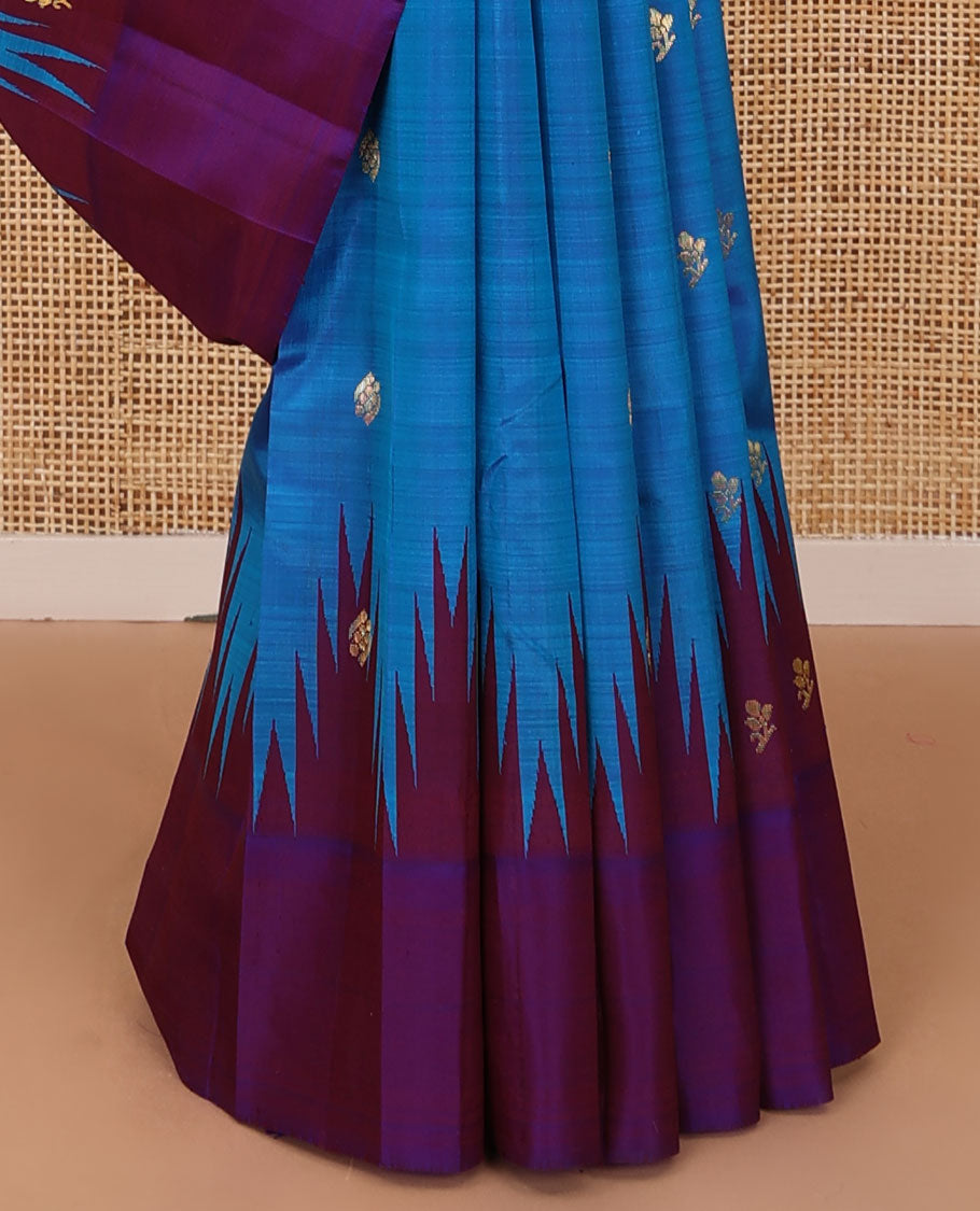 Blue zari buttas Kanchipuram silk saree, contrast one-sided thazampoo rekku zari design border & zari design pallu