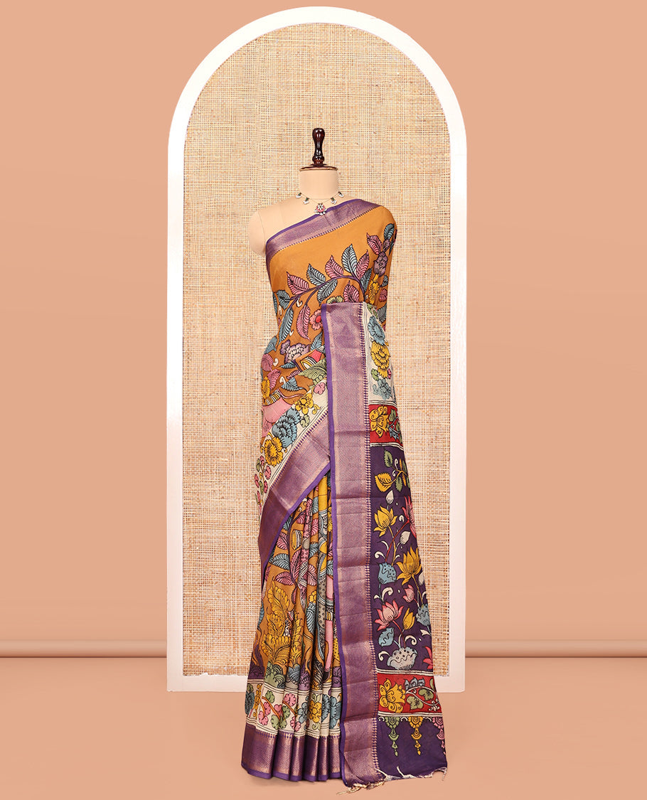 Orange Kalamkari Printed Semi-Banarasi Tussar Saree, Mesmerized with Flora-Fauna Motifs, Contrast Traditional Border, God Motifs Printed Pallu, and a Contrast Blouse